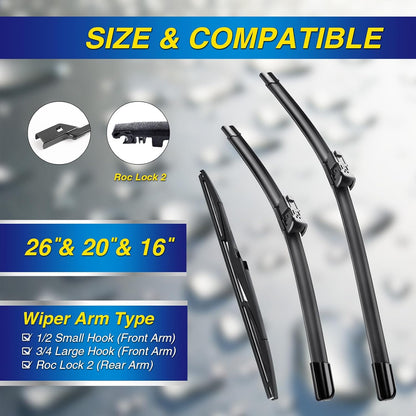 5 PLUS® Silicone Windshield Wipers Replacement for 2019-2024 Toyota RAV4/ 2006-2015 Mazda 5 Wiper Blades(Set of 3), Windshield Wiper Blades For My Car-26"/16"/12" - Colors C