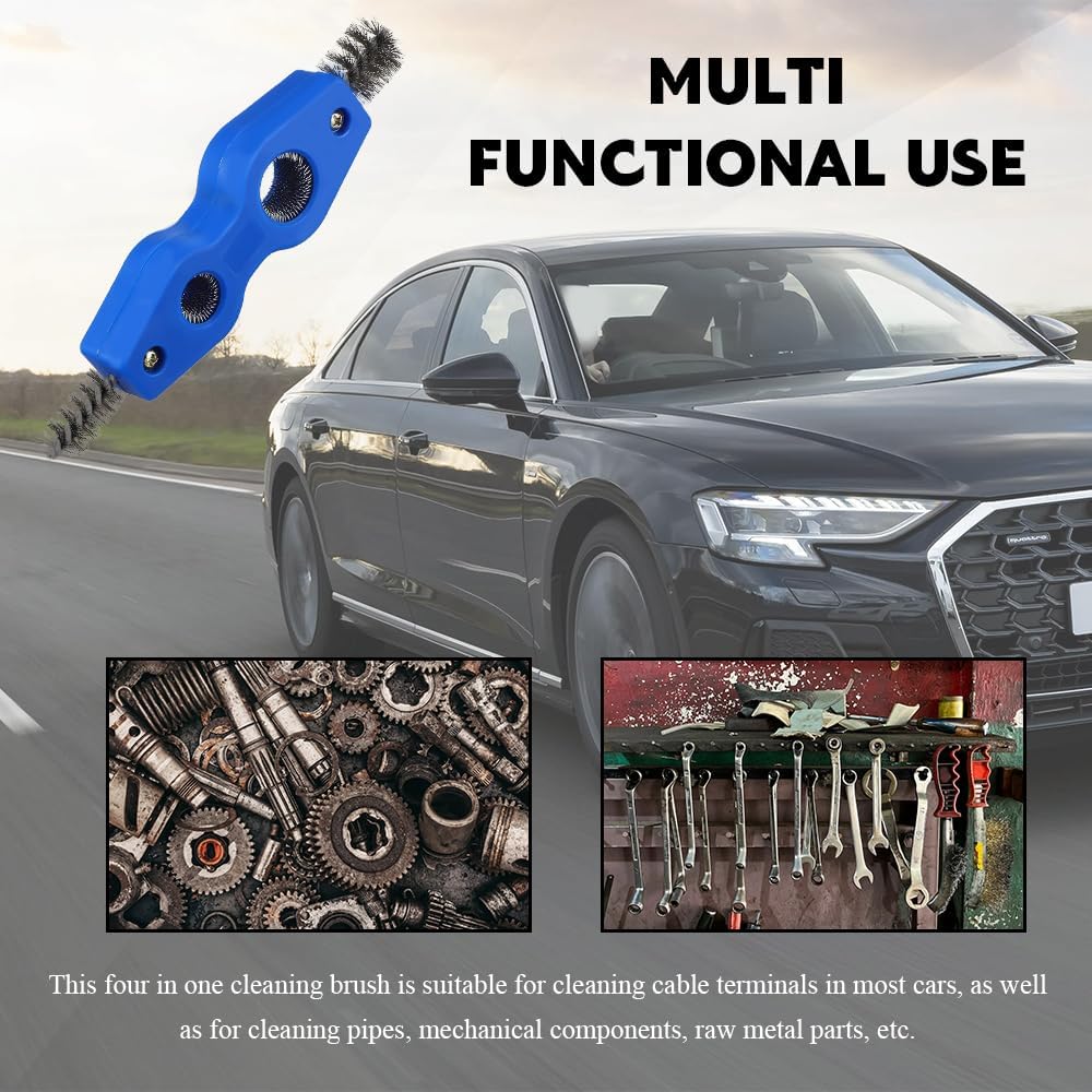 4 in 1 Car Battery Cleaning Brush, Battery Terminal Brush, Anti-Rust Auto Battery Cleaner with Steel Wire, Car Accessories Vehicle Machine Parts Cleaning Tools Fit for Auto Marine (Black)