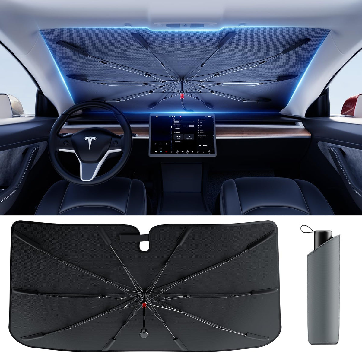 DMJN Umbrella Windshield Sun Shade - Medium, Car Sunshade for Front Windshield [Nano Ice-Crystal Coatings] UPF50+ Heat & UV Block, Protect Interior & Keep Cooler Universal for Car, SUV, Truck