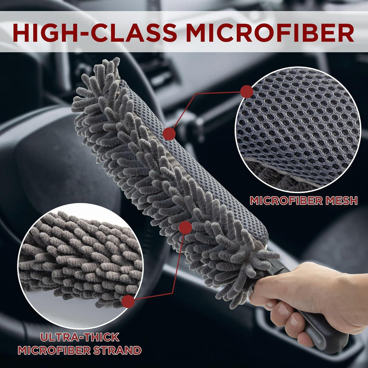 Car Duster Interior by TAKAVU, 360° Microfiber Fingers, Unbreakable Comfort Handle, Lint and Scratch Free, Include Microfiber Towel, for Car & Home Use, The Best Auto Accessories Gray