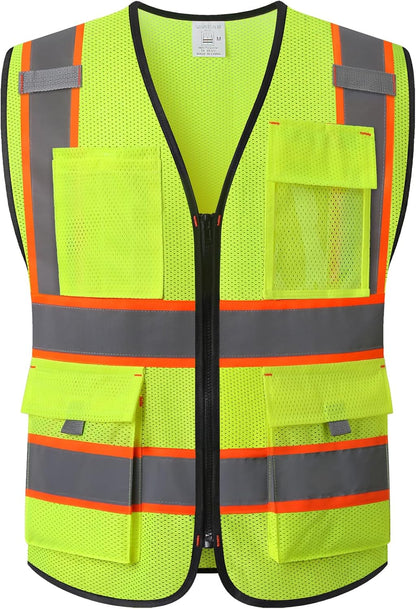 Reflective Mesh Safety Vest for Men Women with 5 Pockets and Zipper Front High Visibility Mesh Vest Hi Vis Construction Work Vest,Meets ANSI/ISEA Standards(EK175-Yellow-L)