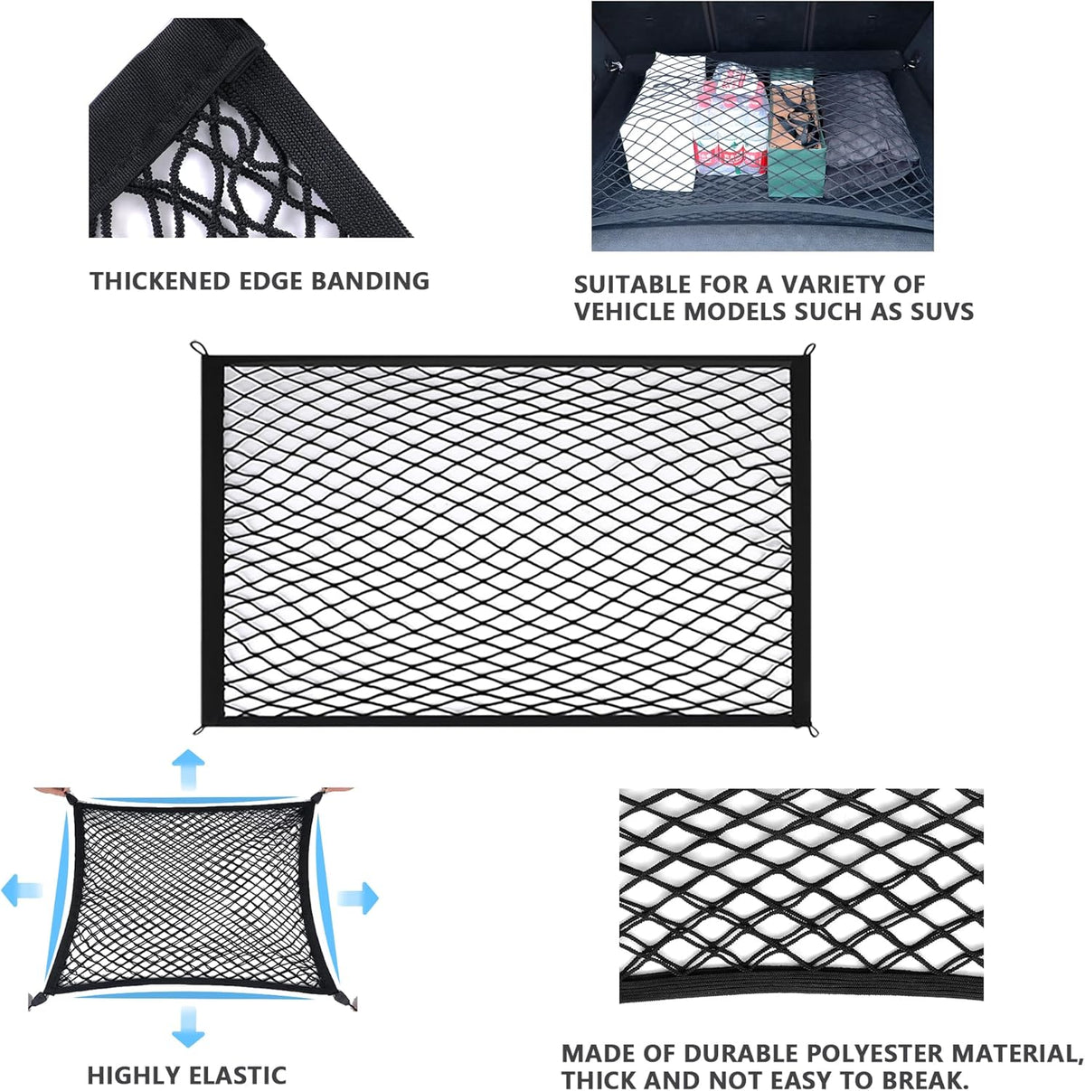 Cargo Net for SUV with Hooks, Adjustable Highly Elastic Storage Organizer Net for Car, Pickup Trucks,Mesh Organizer 2.6'x2' Stretches to 5'x4',Road Trip Essentials Black