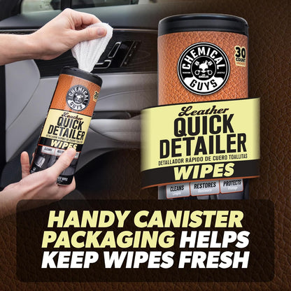 Chemical Guys Leather Quick Detailer Wipes in Canister (30 ct) (2 Pack) – Easy-Clean Conditioning Wipes for Leather Seats, Interiors & Accessories