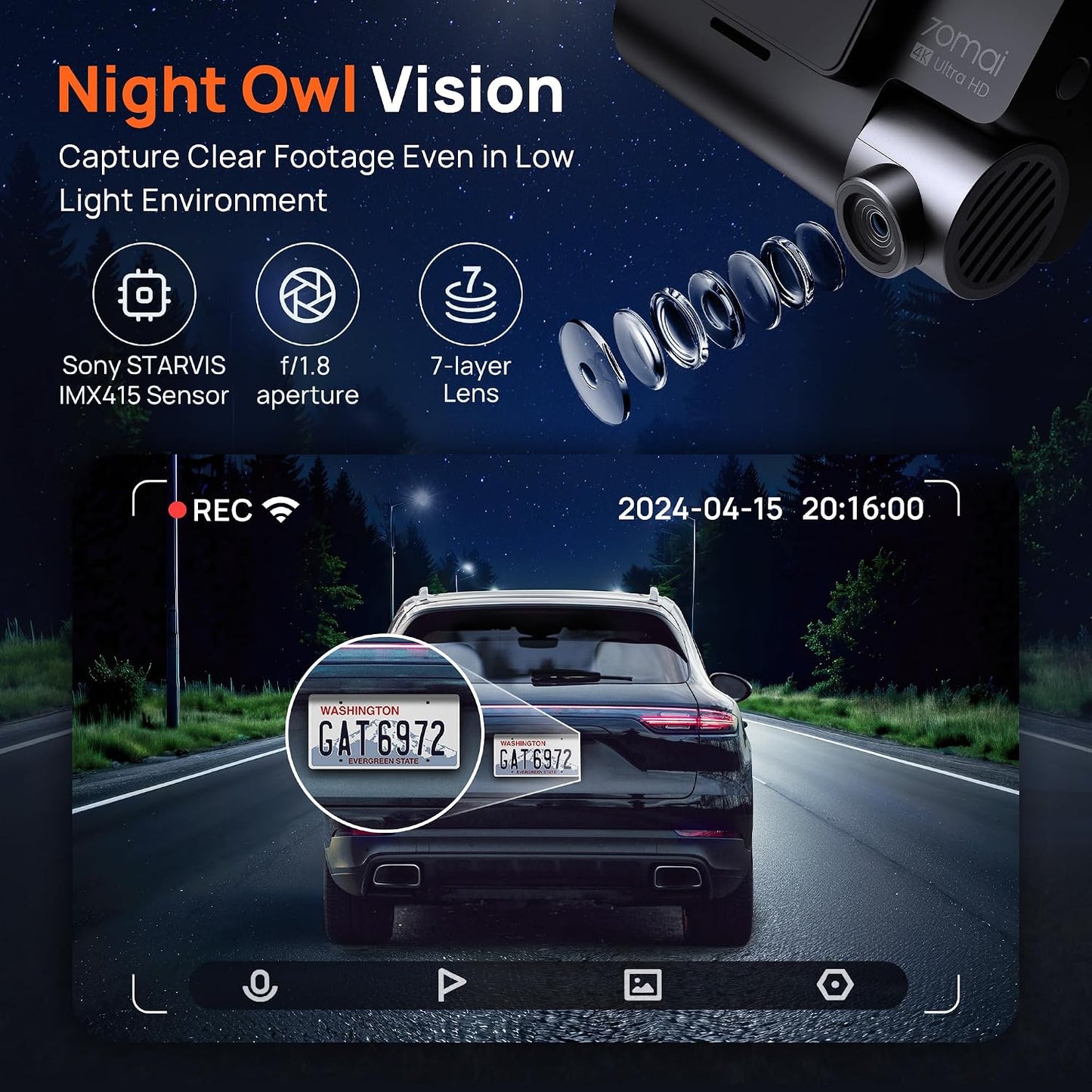 70mai 4K Dash Cam Front and Rear, Built in Wi-Fi 6 & GPS Car Camera, Super Night Vision, ADAS, 3'' IPS Screen, 24H Parking Mode, Time-Lapse, Loop Recording, with 128GB Card (A800SE)