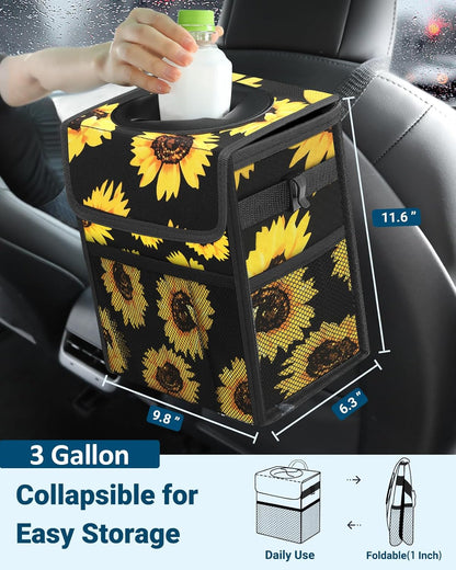 Capolo Car Trash Can with Lid, Leakproof Car Trash Bag Hanging Waterproof Automotive Garbage Can with Storage Pockets Mini Vehicle Trash Bin for Back/Front Seat(Black,2.5 Gallon)