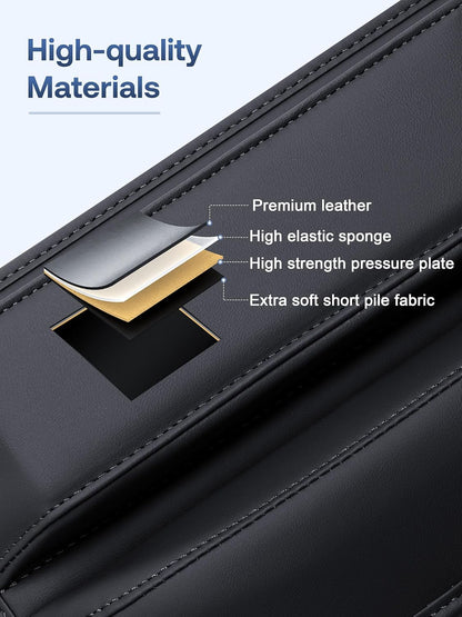 Premium Leather Car Seat Gap Filler Organizer (0.2”-1.2" Gaps), Clever Gifts for Car SUV Truck Owners (Black, 2 Pack)