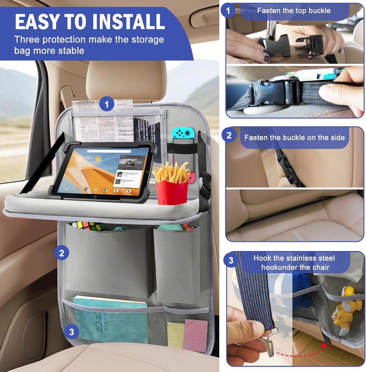 2Pack Car Backseat Organizer with Foldable Table Tray,6 Storage Pockets Car Storage Organizer with Tablet Holder,Car Seat Back Protectors Kick Mats Travel Accessories (Black)