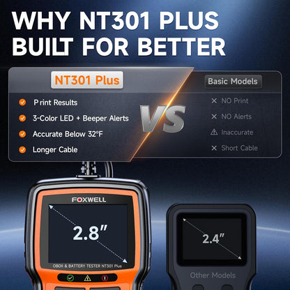 FOXWELL 2-in-1 NT301 Plus OBD2 Scanner with 12V Battery Tester, Check Engine Light Code Reader, Car Battery/Starter/Charging System Test, Live Data Diagnostic Tool for 1996+ OBDII Vehicles
