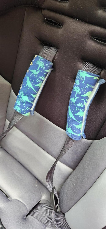 Baby Car Seat Neck Cover, Car Seat Strap Cover, Seat Belt Cushions Pads, Shoulder Strap Protectors, Reversible Pram Harness Covers in Minky Dinosaur, Baby Neck Pad Protector