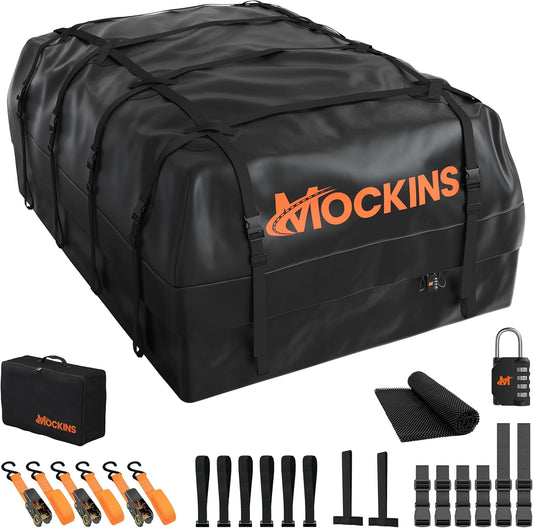 Mockins 35 Cu Ft Black Rooftop Cargo Carrier Bag 60"x42"x24" w/Accessories | Roof Bag Cargo Carrier for Top of Vehicle | Vehicle Soft-Shell Carriers for Car Roof Storage | Use with or w/o Roof Rack