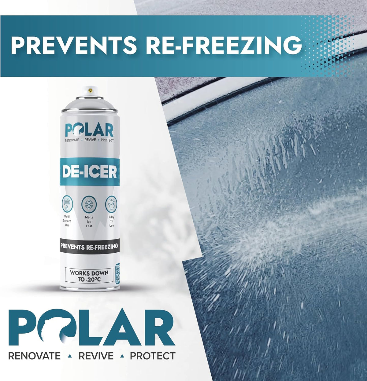Polar De-Icer Spray for Car Windshield - 2 x 17 Fl Oz | Fast-Acting & Stops Re-Freezing | Instantly Melts Ice and Frost at −4°F | Spray Deicer for Car Windscreens, Mirrors, Headlights, Locks & Gates