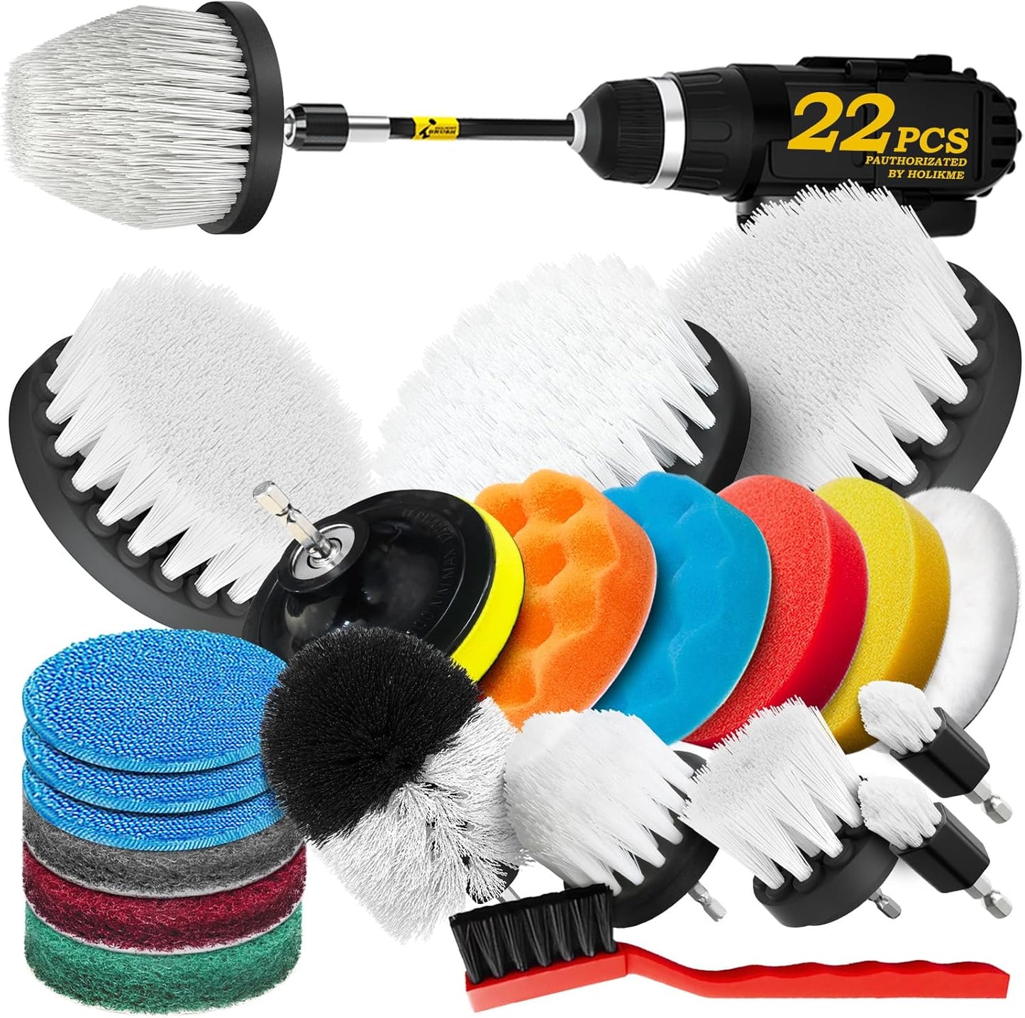 Holikme 22Pack Drill Brush Attachments Set,Scrub Pads & Sponge, Buffing Pads,Power Scrubber Brush,Car Polishing Pad Kit,Wax Applicator Pad,Car Cleaning Kit,Masonry Brushes,Cleaning Supplies