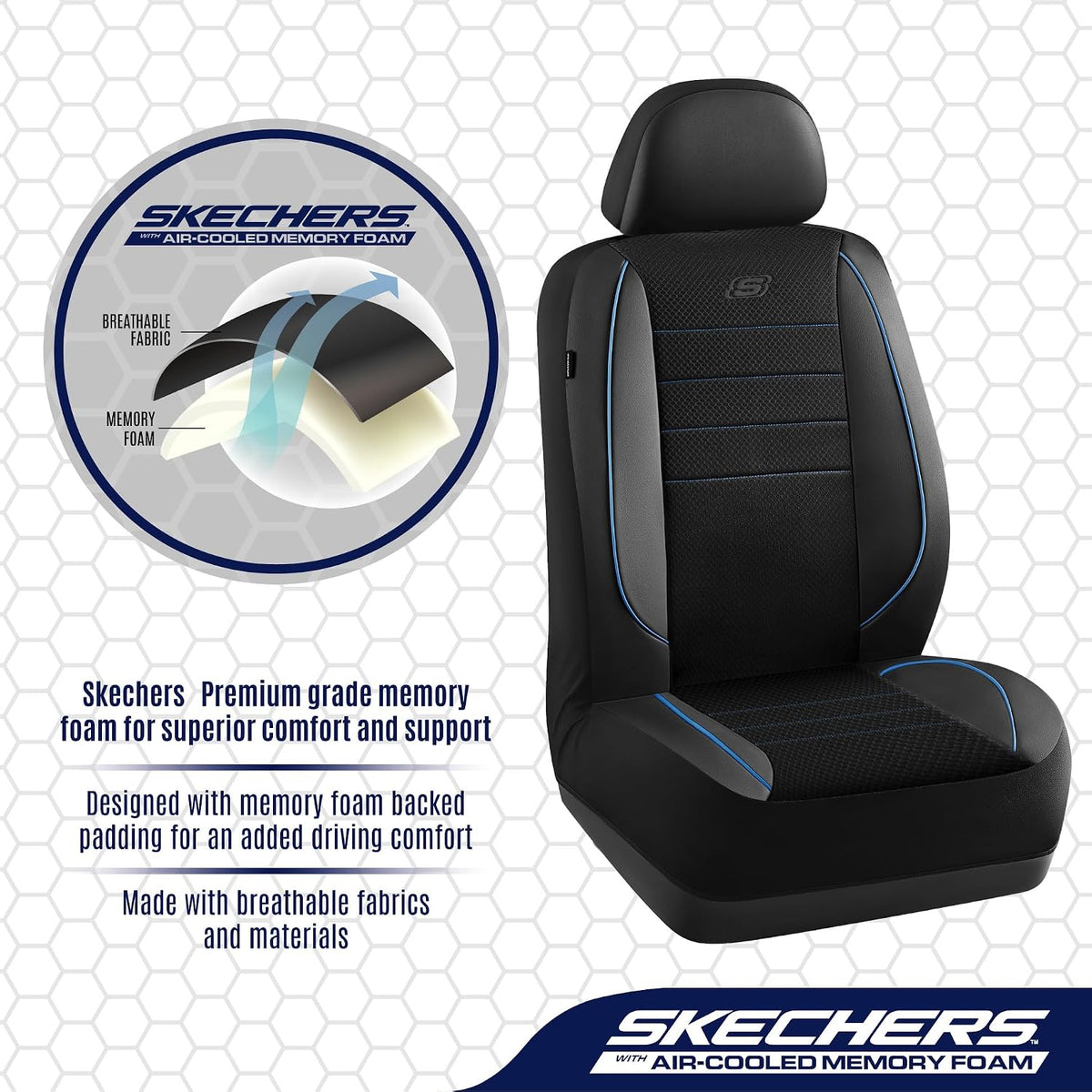 Skechers Air-Cooled Memory Foam Seat Covers,Mesh Thick Car Seat Covers,Piping Leather Car Seat Covers Front Seats,Airbag Compatible,Automotive Comfort Universal FitMost Cars,Vans,Truck,SUV,Black