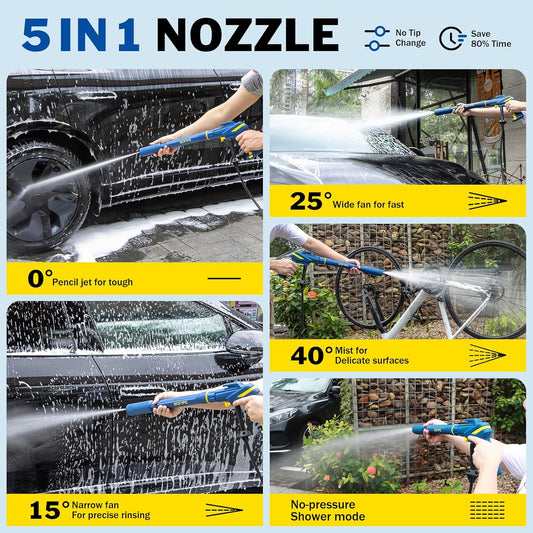 5-in-1 Pressure Washer Gun with Foam Cannon, Built-in 5 Spray Nozzles, M22-14 & M22-15 Adapters, 3/8" Quick-Connect Adapter – Power Washer Gun for Car & Home Cleaning