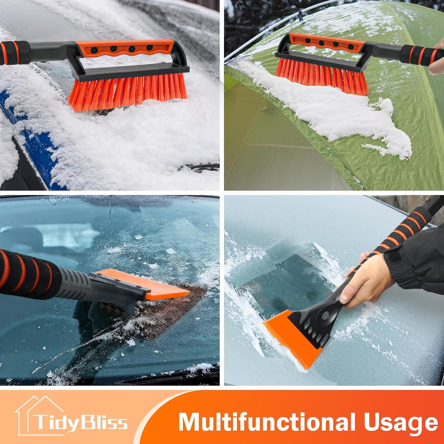 TidyBliss Ice Scraper and Snow Brush for Car Windshield, 24.8 inches Aluminum Frost Remover with Ergonomic Foam Grip for SUV Truck Glass Window (Orange)
