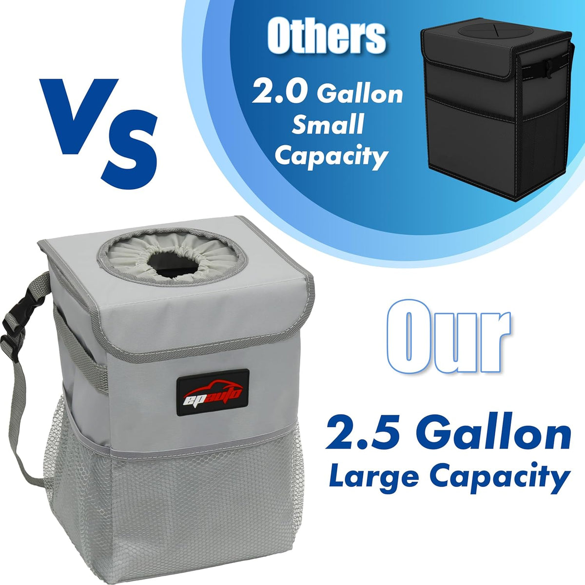 EPAuto Waterproof Car Trash Can with Lid and Storage Pockets, 2.5 Gallon, Black