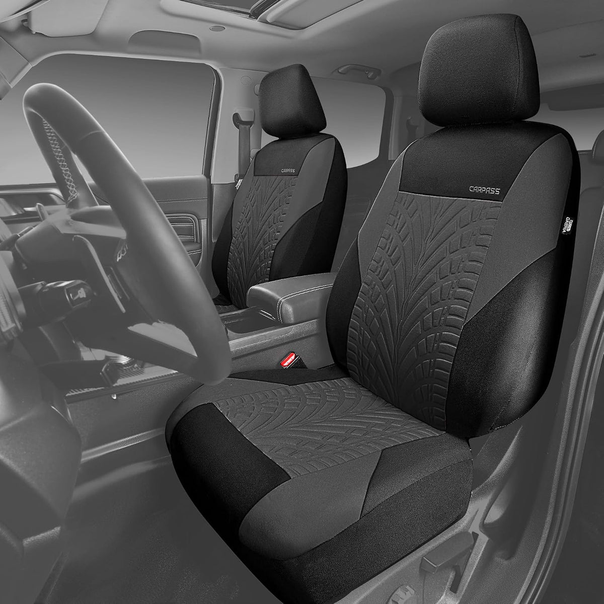 CAR PASS Car Seat Covers Full Sets, Front & Split Rear Bench for Car, 3D Tyre Embossed Automotive Interior Covers, Airbag Compatible, Quick Setup Universal Fit Seat Covers for Car, SUV(Charcoal)