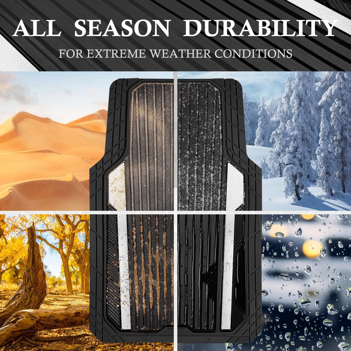 CAR PASS Heavy Duty Rubber Car Mats Metallic, Aluminum Film All Weather Floor Mats Waterproof Universal Trim to Fit Automotive SUV Sedan Van 4 Piece Anodized Deep Dish Two-Tone Sporty Black Red Chrome