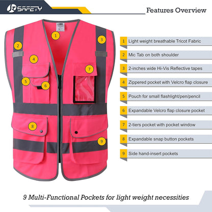 JKSafety 9 Pockets Class 2 High Visibility Zipper Front Safety Vest With Reflective Strips,Meets ANSI/ISEA Standard (Large, 150-Yellow) - Colors B