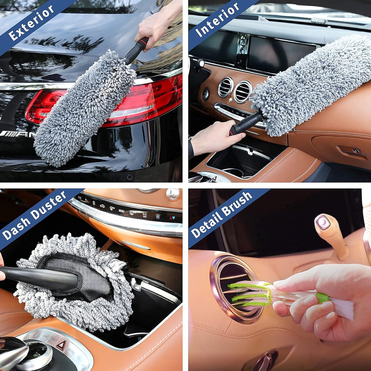 upra Ultimate Car Duster Kit，Best Microfiber Multipurpose Duster,Interior &Exterior Cleaning Tools,Dashboard Detailing Brush,Scratch Lint Free,Pollen Removing,extendable Handle,Tuck,SUV,RV,Set of 4