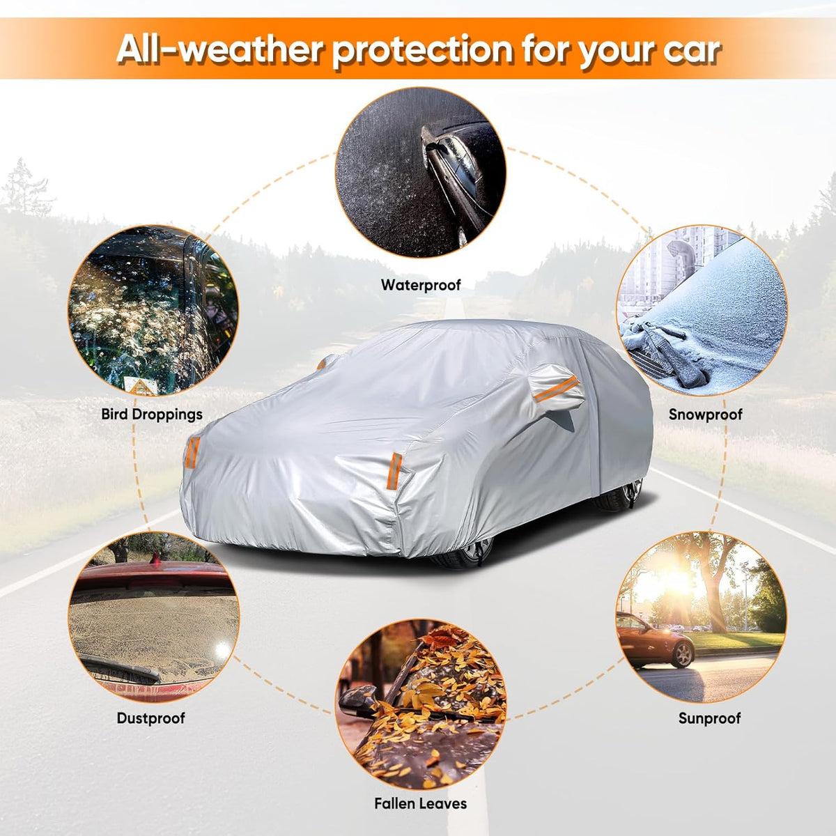 NEVERLAND Sedan Car Cover Waterproof Heavy Duty All Weather Protection Snow Anti-UV Windproof Outdoor Full Car Cover Fit for Automobiles BMW/Mercedes-Benz/Honda（for Car Size:183''L x 70''W x 59''H）
