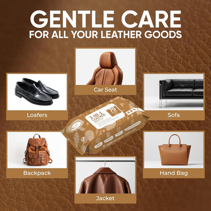 Air Jungles 3in1 Leather Cleaner Wipes 70 Count, Extra Large 8" x 10" Size, Clean Condition Protect Wipes for Vinyl and Leather Apparel Furniture Auto Car Interior Shoes Boots Bags