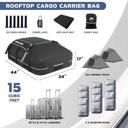 Rooftop Cargo Carrier Vehicle Soft-Shell Carriers, Heavy Duty Car Roof Bag Waterproof Without Rack, Car Topper Luggage Carrier-with 6 Hooks&Mat(19.4 Cuft)