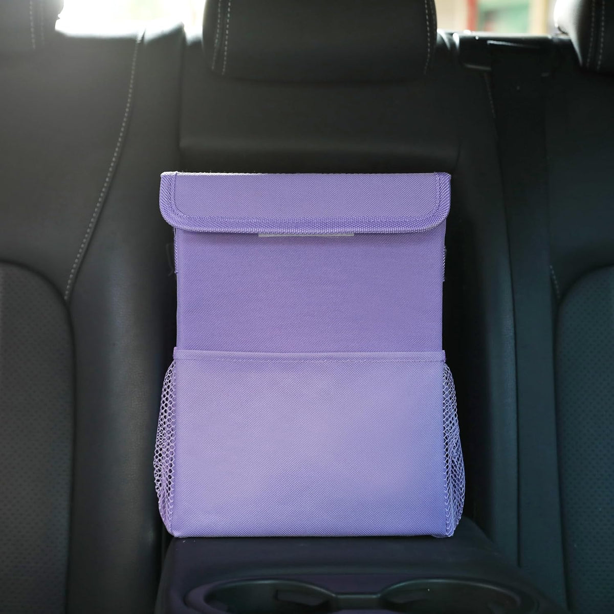AOKJOY Car Garbage can with lid Leak Proof Vehicle Trash Can 3 Storage Pockets Hanging Waterproof car Trash Bag for SUV Beige