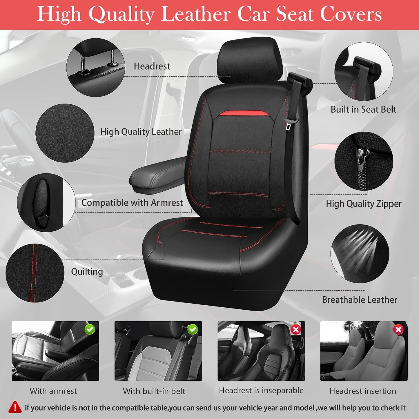 CAR PASS Universal FIT Piping Leather Two Front Seat Covers, Waterproof Faux Leather for SUV Sedan Van Truck, Airbag Compatible,Reserved Opening Holes for Headrest Covers. (Black red)