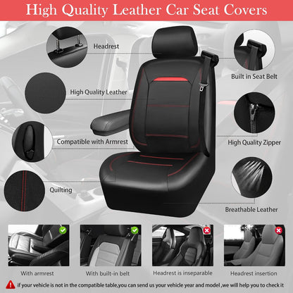 CAR PASS Universal FIT Piping Leather Two Front Seat Covers, Waterproof Faux Leather for SUV Sedan Van Truck, Airbag Compatible,Reserved Opening Holes for Headrest Covers. (Black red)
