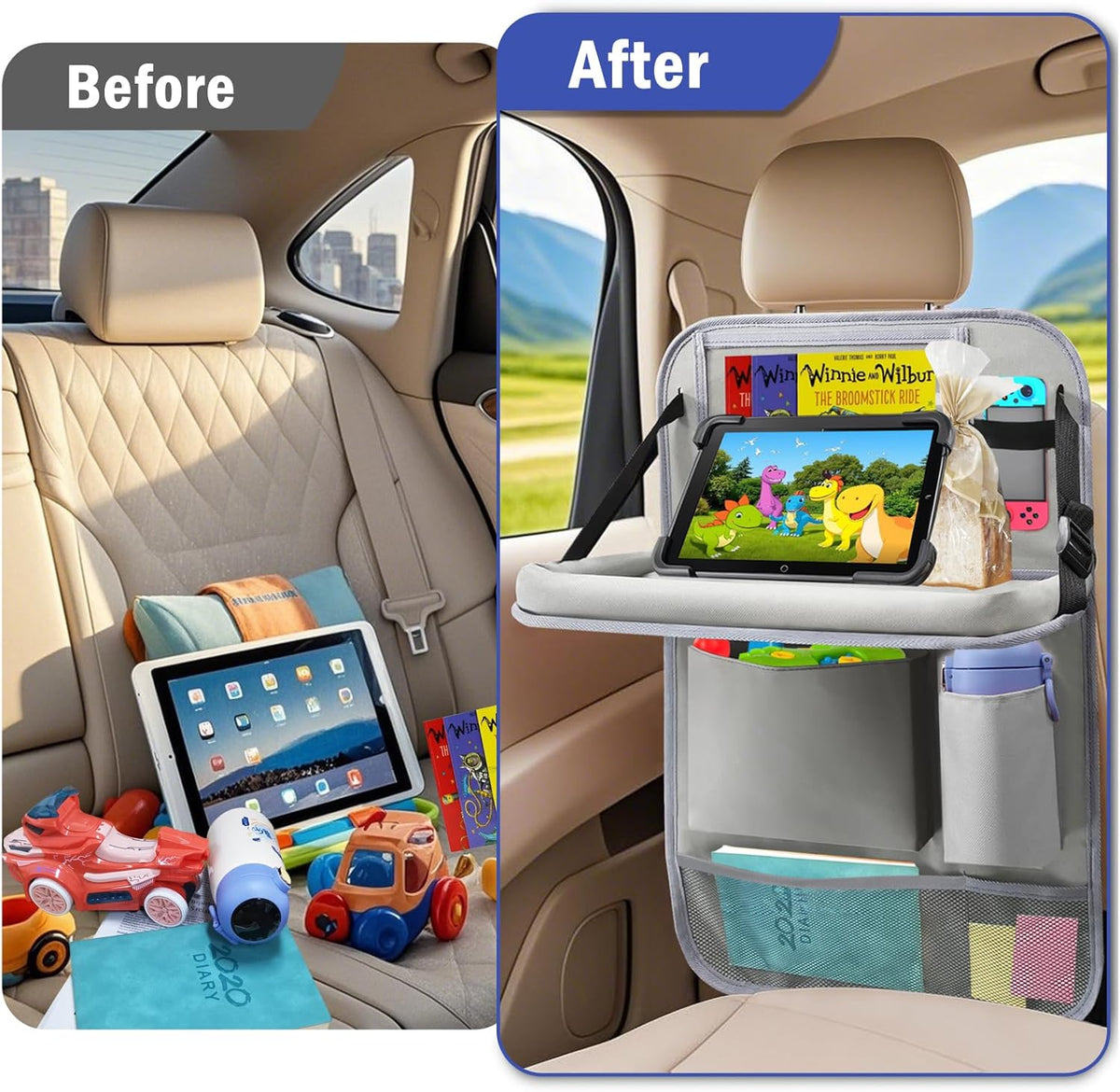 2Pack Car Backseat Organizer with Foldable Table Tray,6 Storage Pockets Car Storage Organizer with Tablet Holder,Car Seat Back Protectors Kick Mats Travel Accessories (Black)