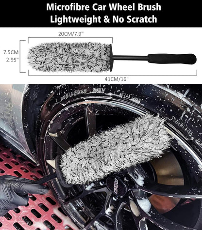 YeewayVeh 4Pack Car Wheel Cleaning Kit, Bendable Wheel Brush and Microfiber Rim Cleaner Brush, Tire Brush and Car Detailing Brush, Soft & No-Scratch Car Wheel Rim Brush Set for All Wheel Types, Red