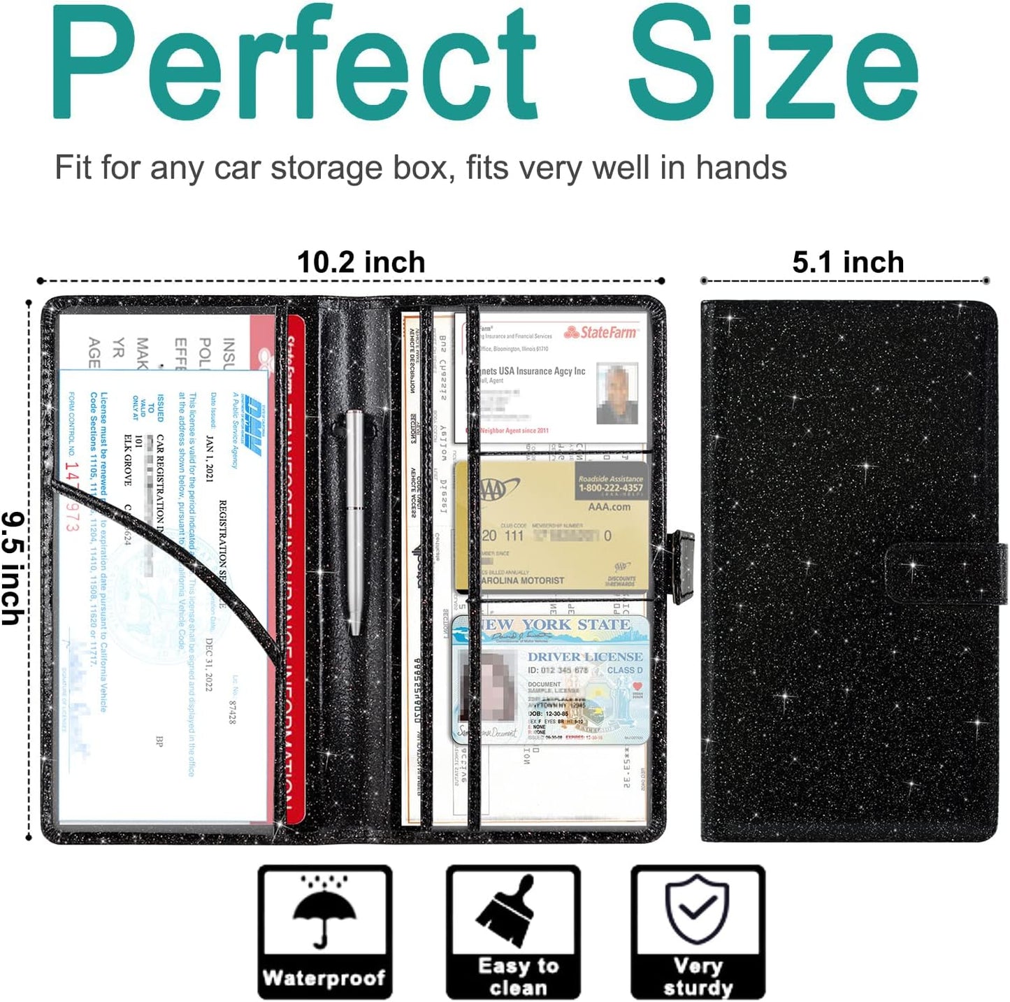 RSAquar Car Registration and Insurance Holder, Vehicle Glove Box Organizer Cool Car Accessories, Auto Truck Document Holder for Cards, Driver License, Black Glitter