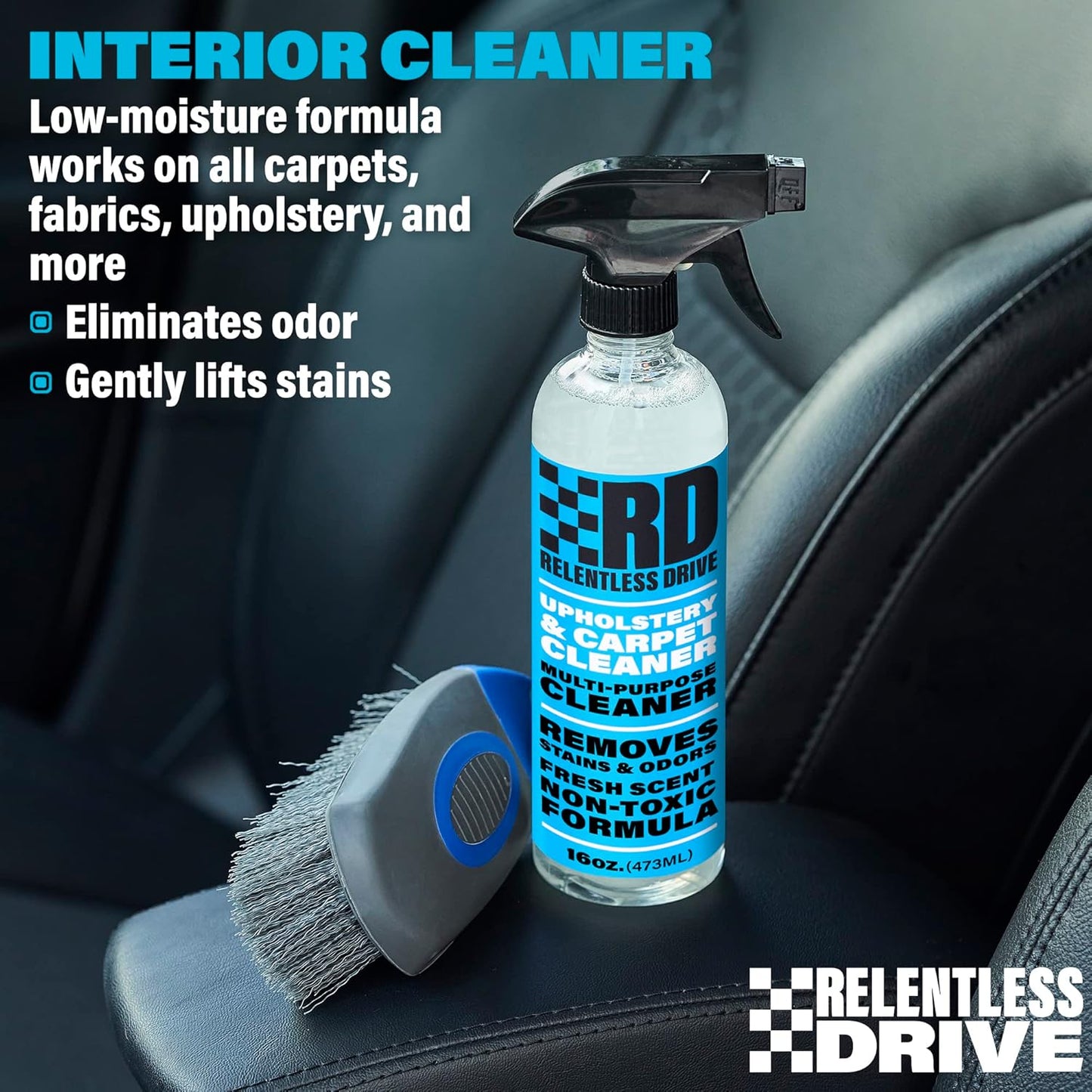 Relentless Drive Car Upholstery & Carpet Cleaner – Professional Interior Seat Cleaner for Fabric, Floor Mats & Auto Upholstery, Safe for All Cars, Kit with Heavy Duty Brush (16oz)