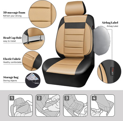 CAR PASS Faux Leather Car Seat Covers Front Seats Only, 3D Foam Support Car Seat Covers, Universal fit for Trucks Vans SUVs Sedans Automotive Comfortable, Airbag Compatible 2 Pieces Front Solid Black