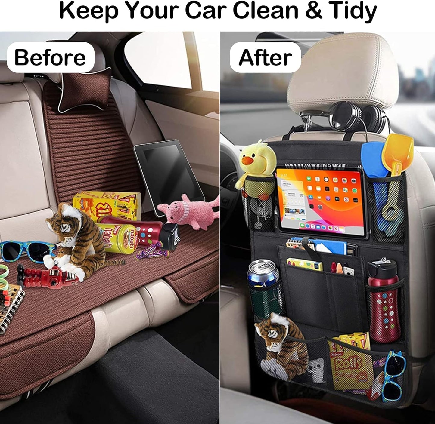2Pack Car Seat Back Organizer, Kick Mats Backseat Car Storage with Touch Screen Tablet Holder, Waterproof Car Back Seat Protector for Kids, Vehicle Back Seat Organizer for Travel Accessories