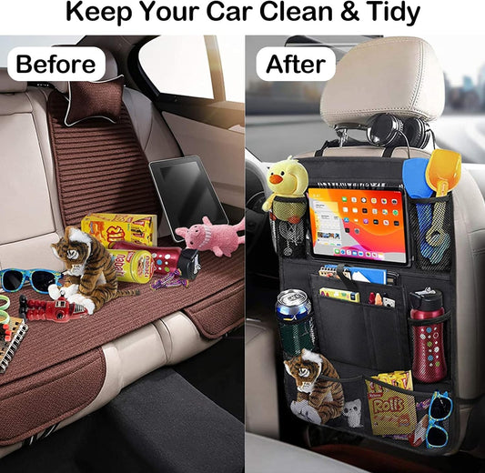 2Pack Car Seat Back Organizer, Kick Mats Backseat Car Storage with Touch Screen Tablet Holder, Waterproof Car Back Seat Protector for Kids, Vehicle Back Seat Organizer for Travel Accessories