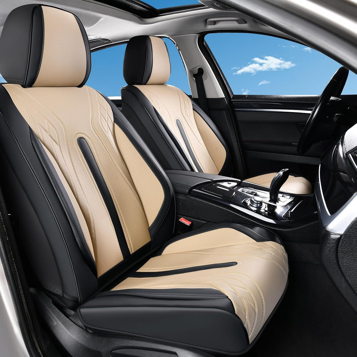 Huidasource Coffee Seat Covers Full Set, Universal Fit for Most Cars Trucks SUV, Full Coverage Leather Seat Cover, Airbag, Cupholder Compatible, Velcro Adjustable, Heaating/Cooling Function Retain