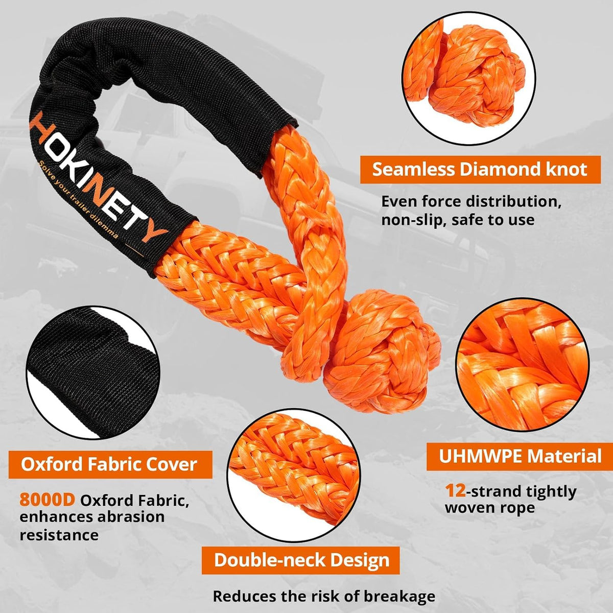 Kinetic Recovery Tow Rope: 1.26" x 30ft Snatch Strap with Soft Shackles Heavy Duty Offroad Towing Straps Kit for Trucks SUV UTV ATV Tractor Car Jeep - Black