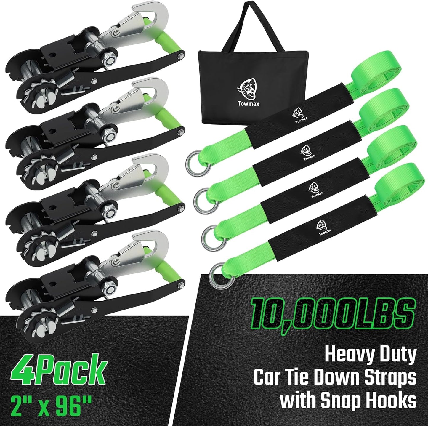 4 Pack Car Tie Down Straps for Trailers - 2" x 8' Heavy Duty Tire Straps with Snap Hooks - 10,000lbs Break Strength, Adjustable Lasso Style Wheel Straps for Hauling Cars, Truck, UTV(Green)