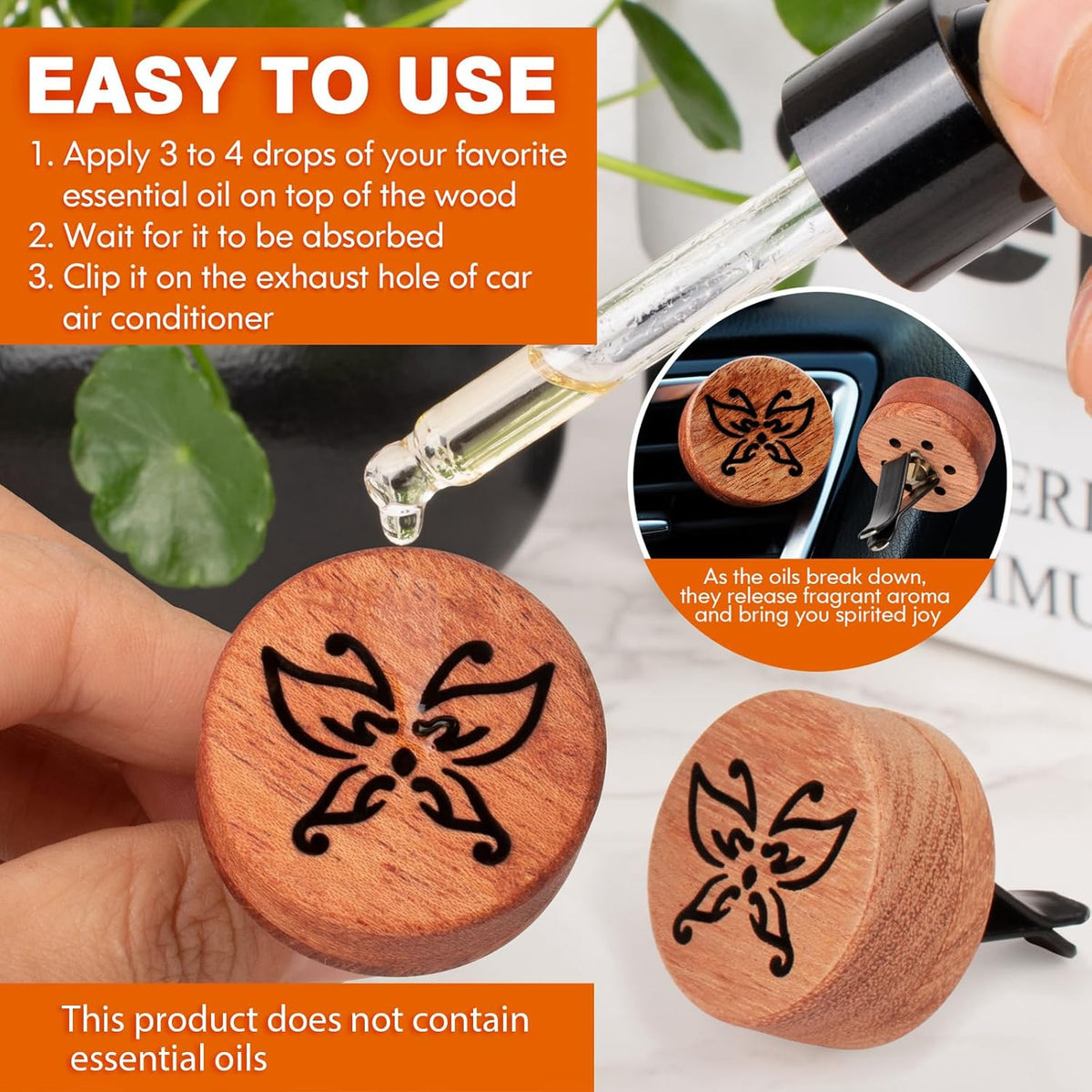 Essential Oil Car Diffuser, 2 PCS Car Aromatherapy Wood Diffuser with Vent Clip