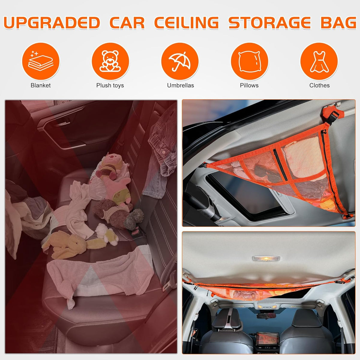 31.5"x21.6" car Ceiling Cargo net for 3-Handle & 4-Handle Vehicles, Double-Layer roof Storage Organizer, mesh car Storage for Road Trips, Camping, SUV, Jeep, 4runner, Ford, Chevy