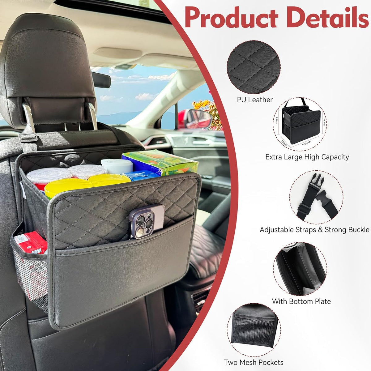 Witaxima Upgrade Car Seat Organizer Backseat with Storage Pockets, Multipurpose Car Organizer Hanging, Car Trash Bag Can,Premium PU Leather Garbage Can 2.14 Gallon Large Capacity, Black.
