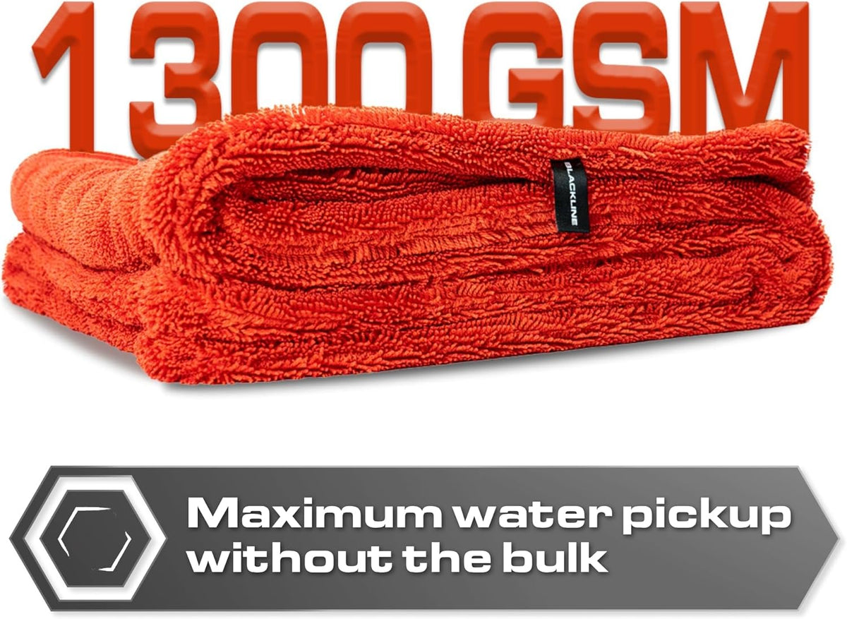Blackline 24"x36" Twisted-Loop Car Drying Towel, 1300GSM, Streak Free, Lint Free, Reusable - Car Accessories, Microfiber Cleaning Cloth for Car, Truck, SUV - One Pass is All You Need