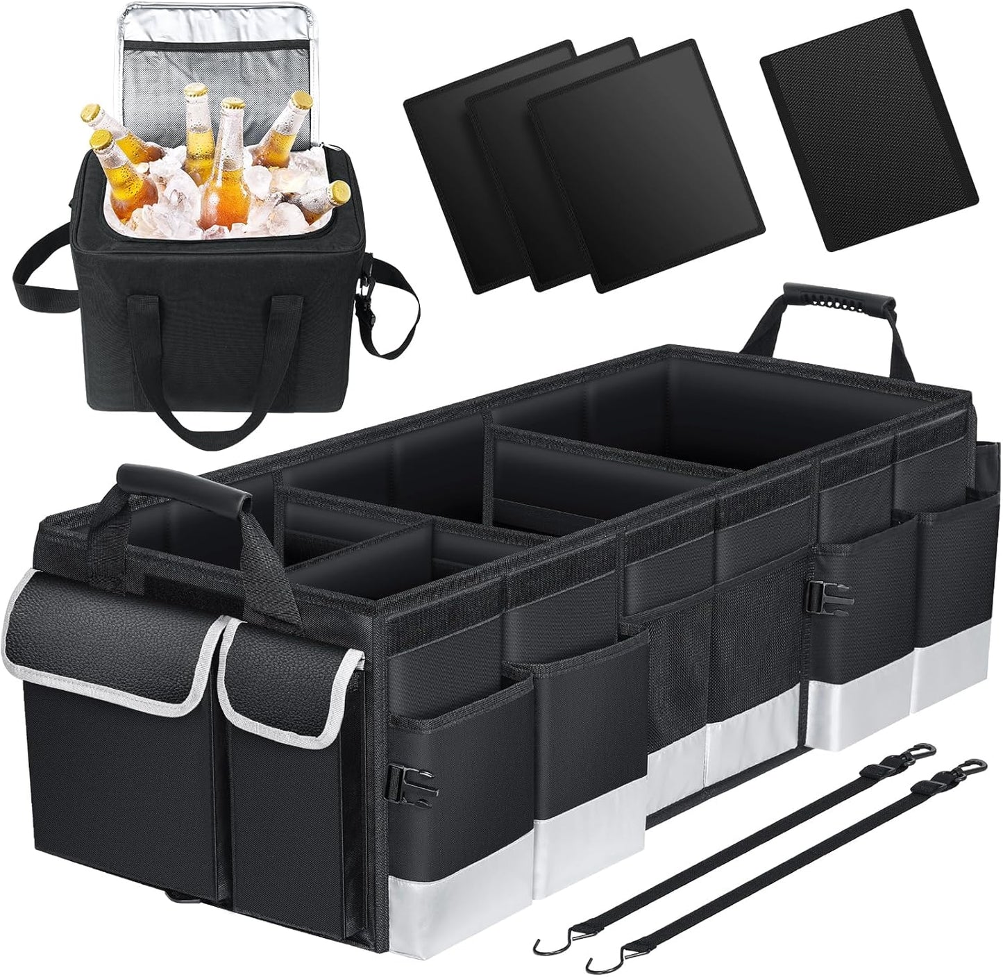 Oasser Car Trunk Organizer, 3 Compartments Collapsible Waterproof Car Organizer Storage with Foldable Cover, Reflective Strip, Non-Slip Bottom, 4 Mesh Pockets for SUV/Truck/Sedan/Camping/Road Trip