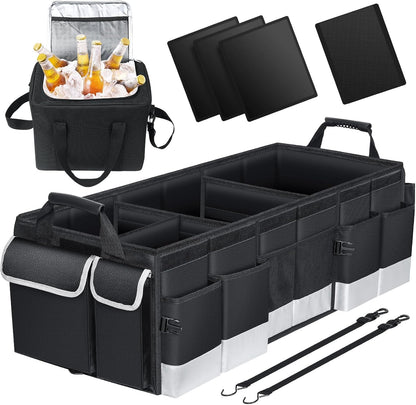 Oasser Car Trunk Organizer, 3 Compartments Collapsible Waterproof Car Organizer Storage with Foldable Cover, Reflective Strip, Non-Slip Bottom, 4 Mesh Pockets for SUV/Truck/Sedan/Camping/Road Trip