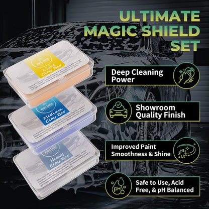 Magic Shield Clay Bar Triple Pack - 100g Each of Light, Medium & Heavy-Duty Clay Bars for Car Detailing - Deep Cleaning & Shine Restoration with Magic Clay Bars for Professional Auto Detailing
