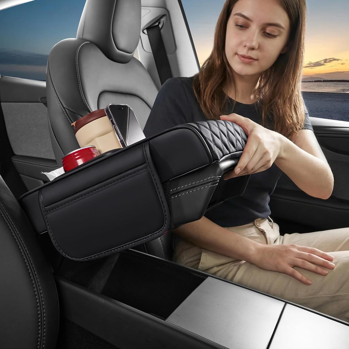 5 in 1 Car Center Console Cover, Armrest Pad with 2 Storage Pockets, Cup Holder, Tissue Slot, Phone Holder, Nappa Leather Memory Foam Car Accessories for SUV Sedan Truck (Black)