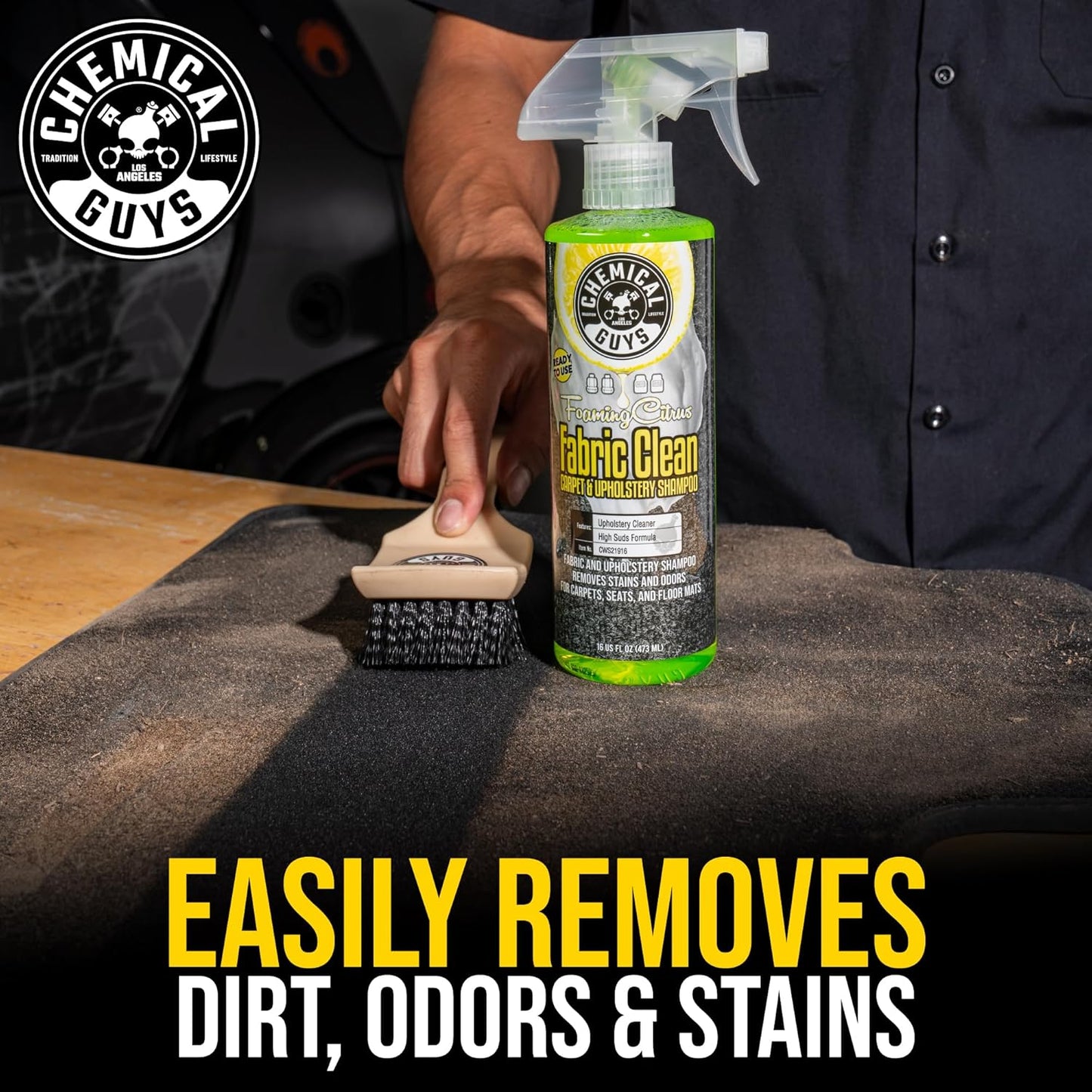 Chemical Guys Sprayable Citrus Fabric Clean Carpet & Upholstery Cleaner (Car Carpets, Seats & Floor Mats), 16 fl oz, Citrus Scent + Induro 7 Heavy Duty Nifty Interior Brush - HOL463
