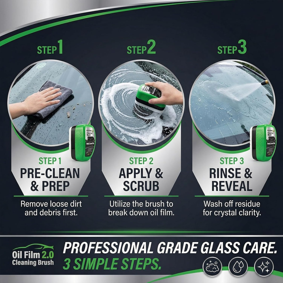 Automotive Oil Film Cleaning Brush for Car Windows, Car Windshield Cleaner Brush for Cleaning Car Windshield, Clear Vision Glass Cleaner with Anti-Rain & Anti-Fog Coating, Green